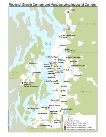 Map displaying locations of Regional Growth Centers and Manufacturing/Industrial Centers.
