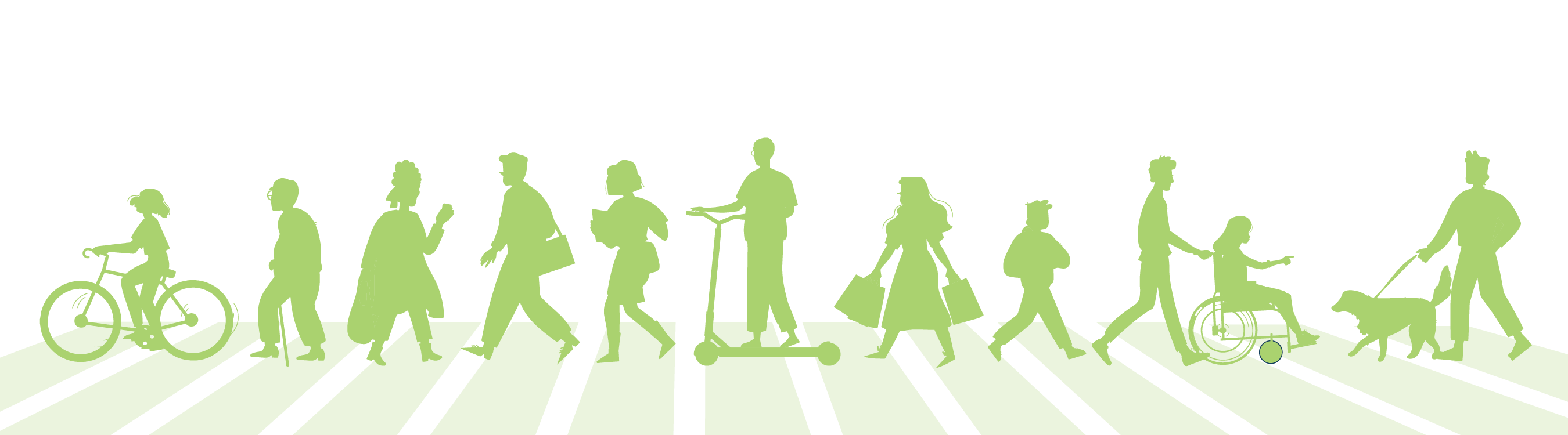 Decorative illustration of people of all ages in a crosswalk.